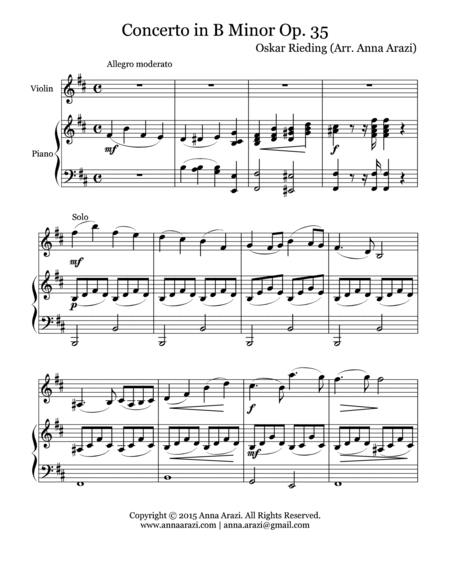 O. Rieding (arr. Anna Arazi) Concerto for Violin and Piano in B Minor Op. 35 FIRST MOVEMENT