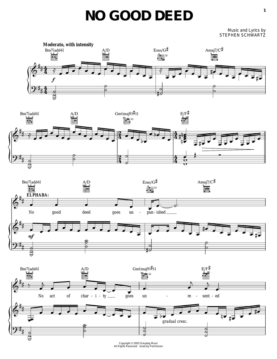 No Good Deed (from Wicked) Piano, Vocal, Guitar scores gallery preview page 1