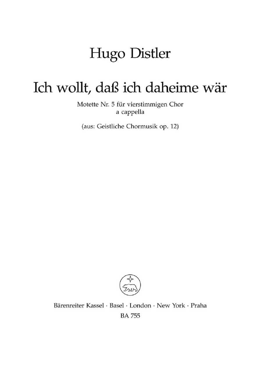 Ich wollt, daß ich daheime wär für vierstimmigen Chor a cappella no. 5