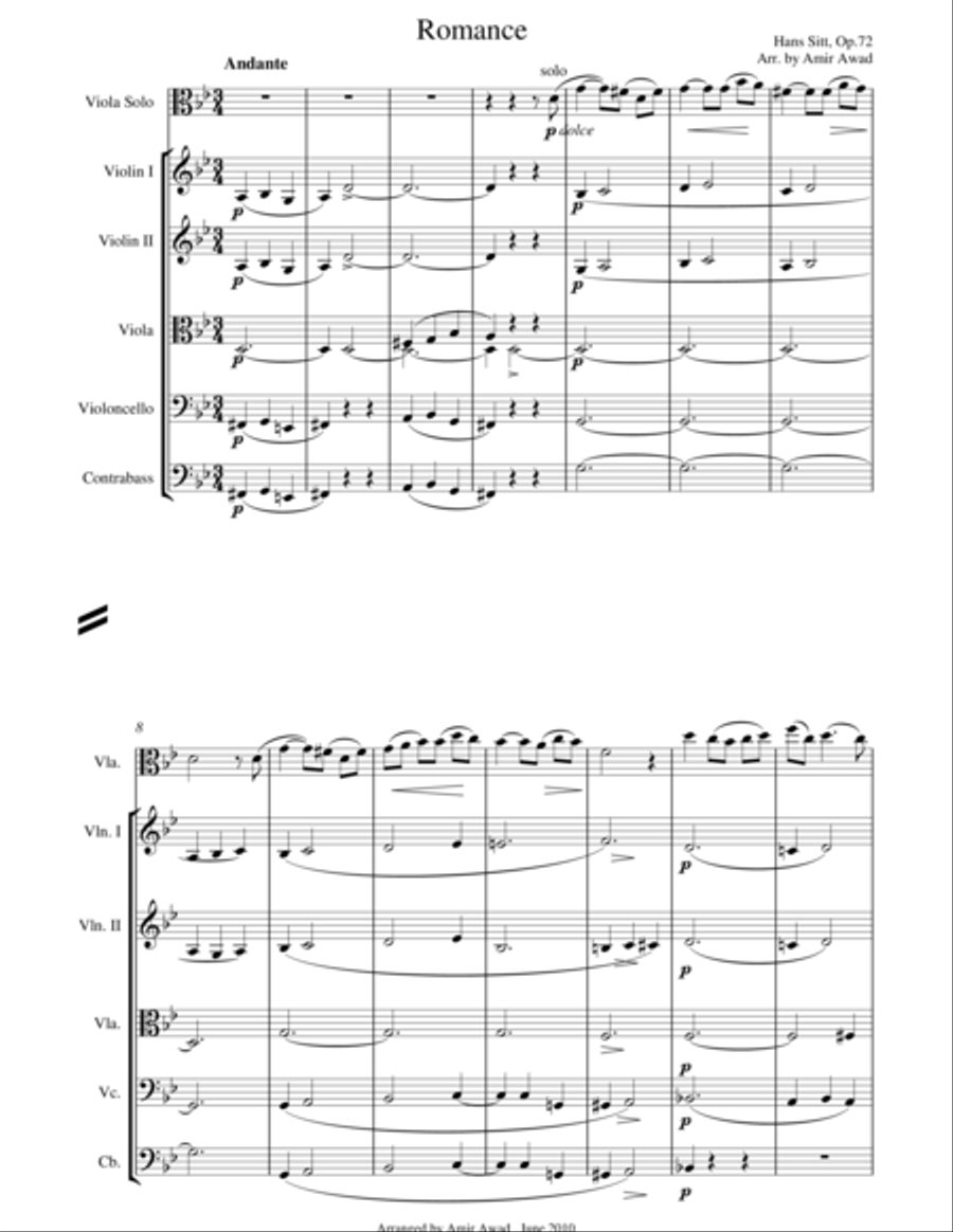 Hans Sitt : Romance for Solo Viola and String Orchestra Op.72 Chamber Orchestra scores gallery preview page 1
