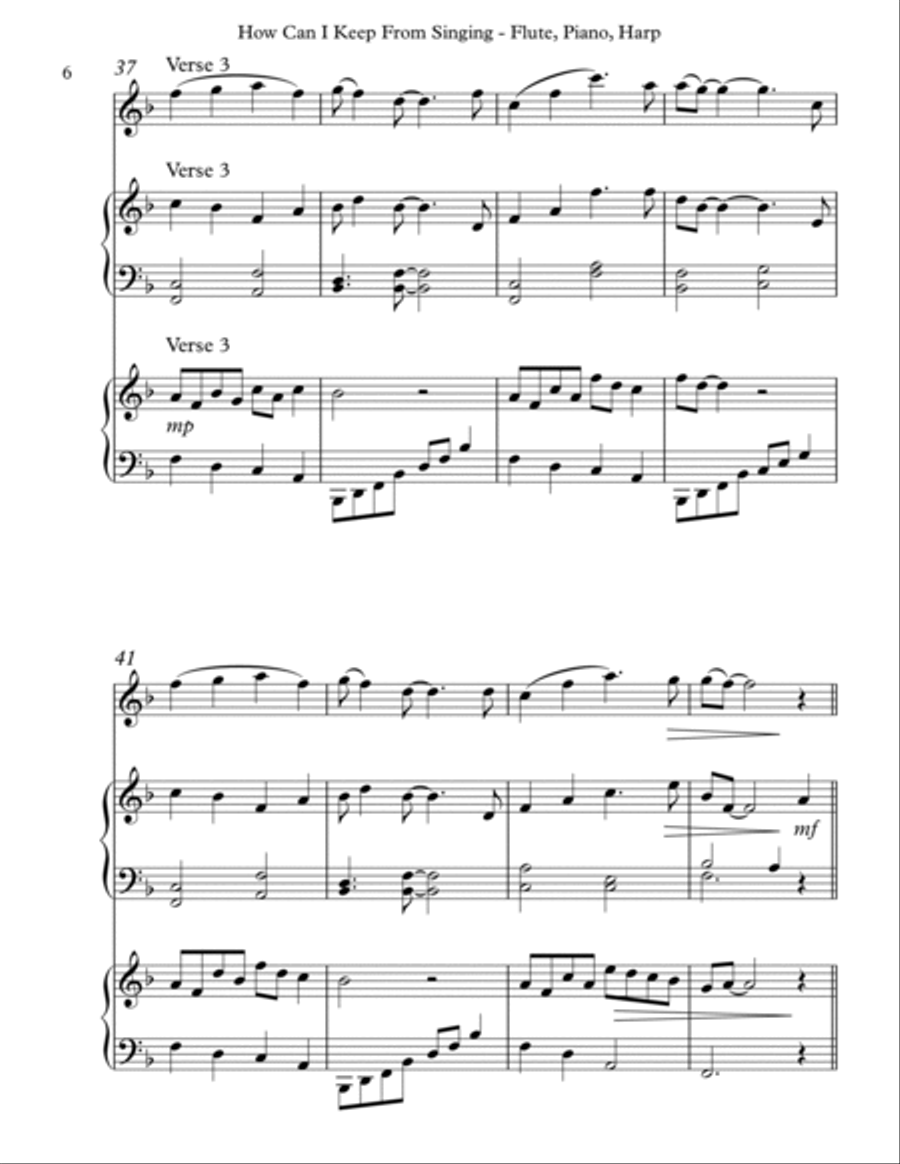 How Can I Keep From Singing, Trio for Flute, Piano & Harp Flute Solo scores gallery preview page 6