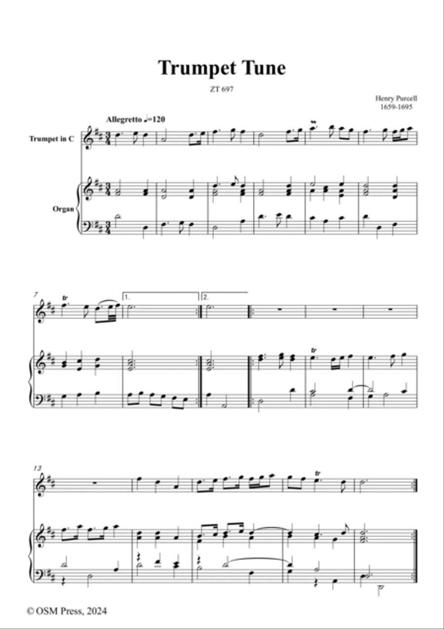 H. Purcell-Trumpet Tune,in D Major,ZT 697,for Trumpet and Organ C Trumpet scores gallery preview page 2