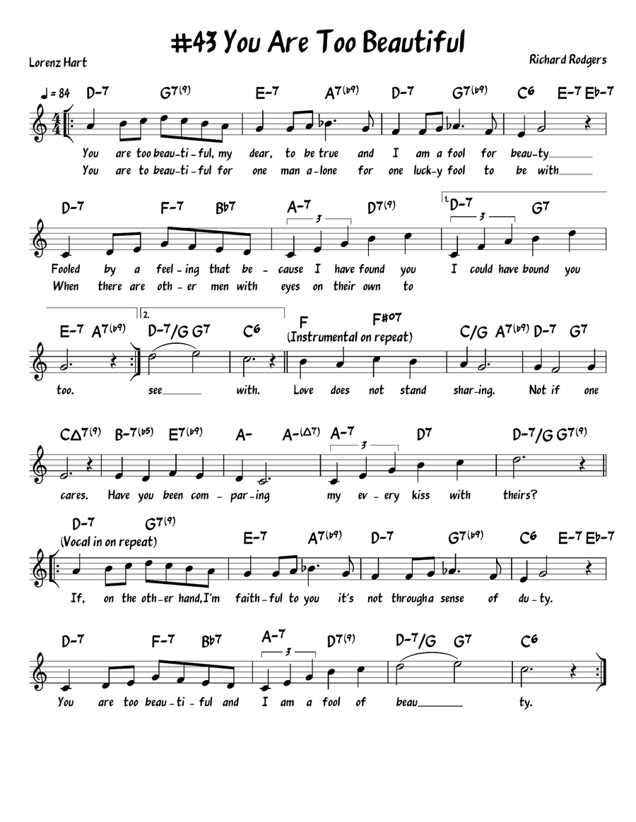 You Are Too Beautiful Piano, Vocal, Guitar scores gallery preview page 1