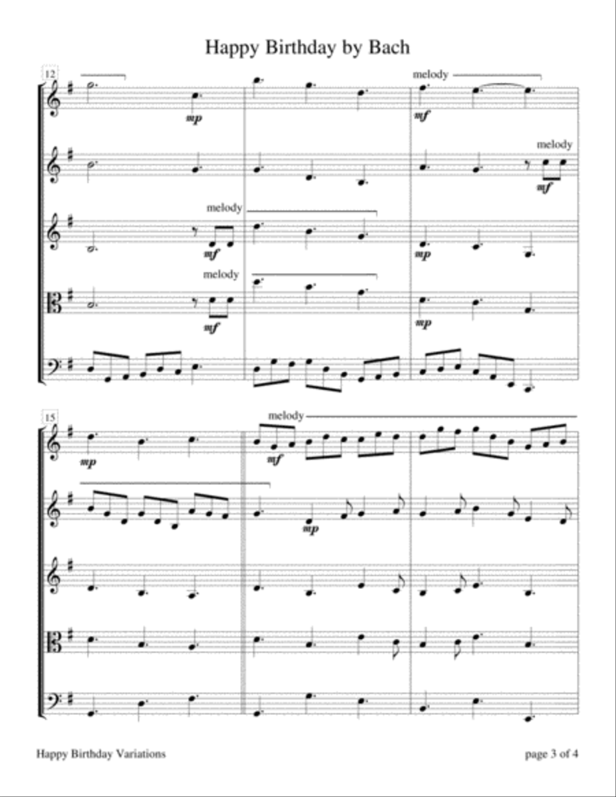 Happy Birthday Variations by the Great Composers for String Quartet String Quartet scores gallery preview page 5