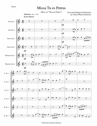 Missa Tu Es Petrus (Mass on "Thou art Peter") arranged for saxophone sextet