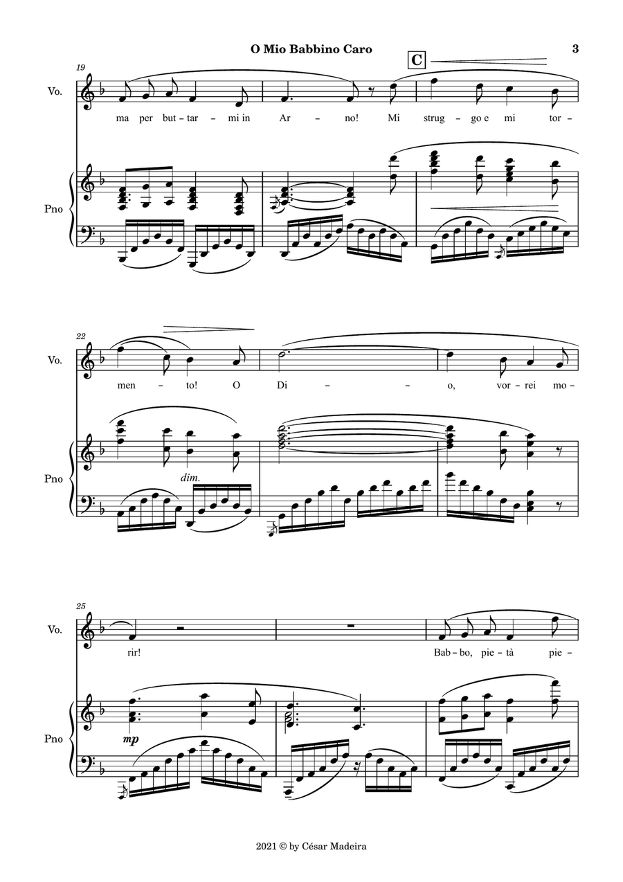 O Mio Babbino Caro by Puccini - Voice and Piano - F Major (Full Score and Parts) image number null