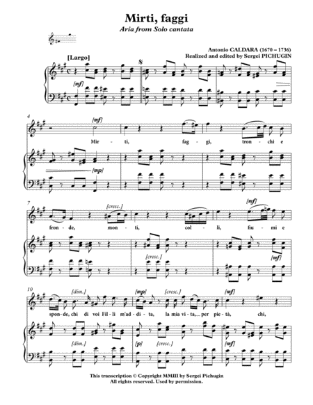 CALDARA Antonio: Mirti, faggi, aria from the cantata, arranged for Voice and Piano (F sharp minor) image number null
