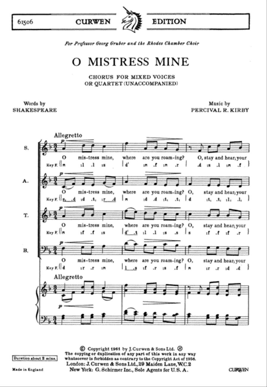 O Mistress Mine 4-Part scores gallery preview page 1