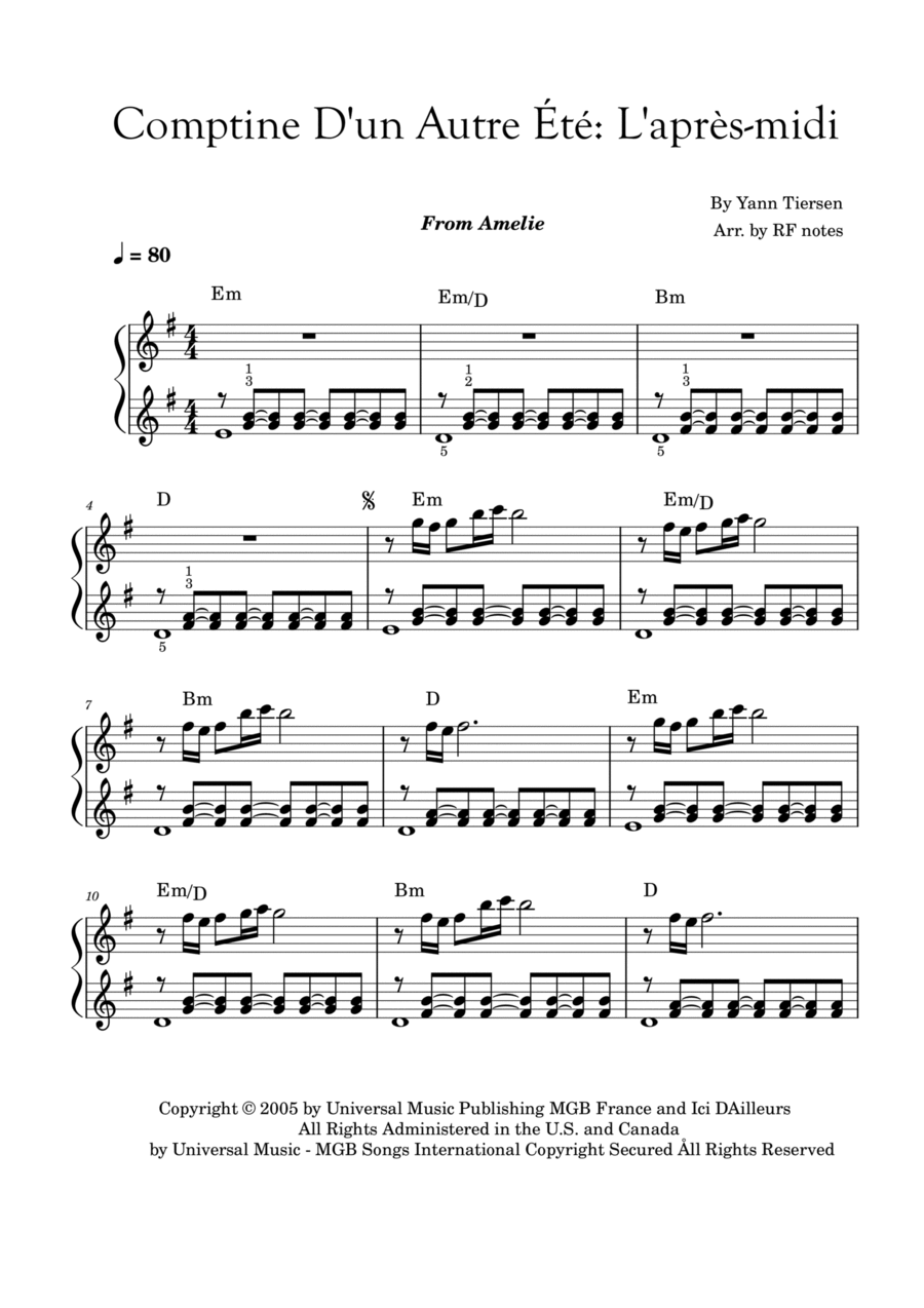 Comptine D'un Autre Été: L'après-midi Easy Piano scores gallery preview page 1