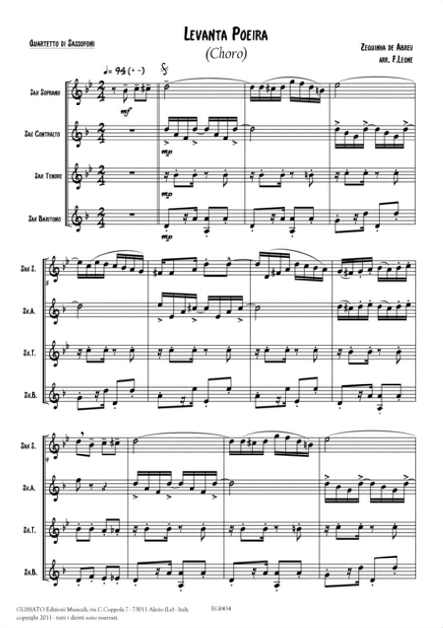 Saxophone Quartet arrangement: Levanta Poeira by Z. De Abreu (score and parts) image number null