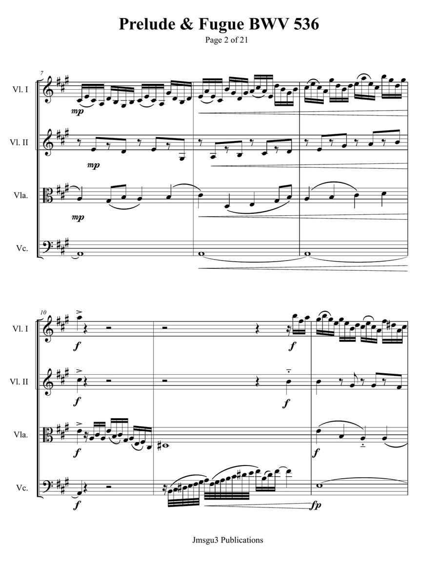 Bach: Prelude & Fugue in A Major BWV 536 String Quartet scores gallery preview page 2