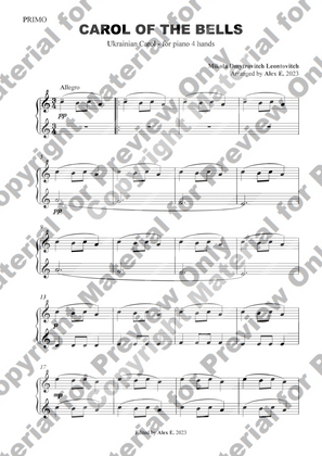 Carol of the Bells for Piano Duet (4 Hands)
