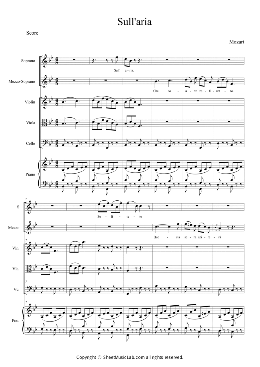 Sull'aria by Wolfgang Amadeus Mozart Piano Quartet - Digital Sheet Music