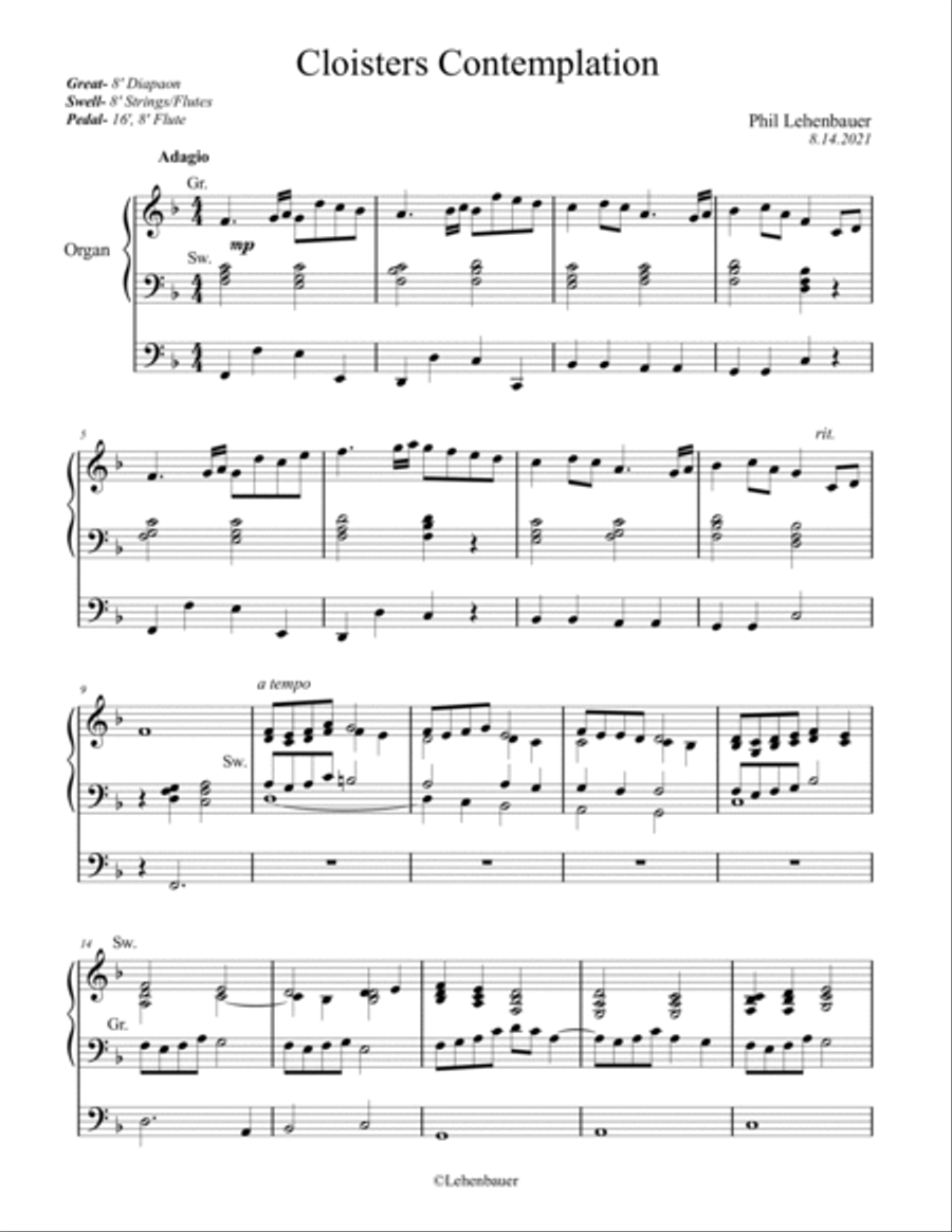 Cloisters Contemplation, organ work by Phil Lehenbauer Organ Solo scores gallery preview page 2