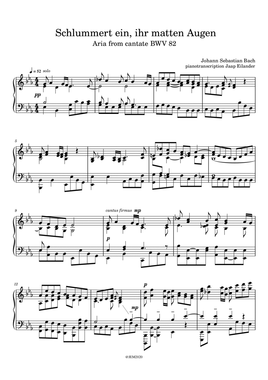 J.S. Bach, Aria 'Schlummert ein, ihr matten Augen, BWV 82, arrangment / transcription for piano by J Piano Solo scores gallery preview page 1