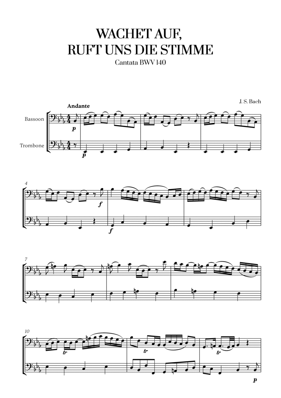 Johann Sebastian Bach - Wachet auf, ruft uns die Stimme (for Bassoon and Trombone) Trombone Duet scores gallery preview page 1