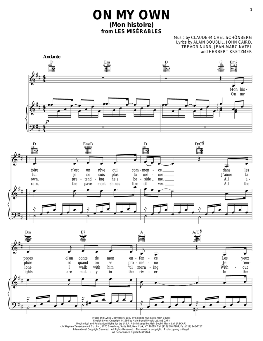 On My Own (Mon Histoire) [French version] Piano, Vocal, Guitar scores gallery preview page 1