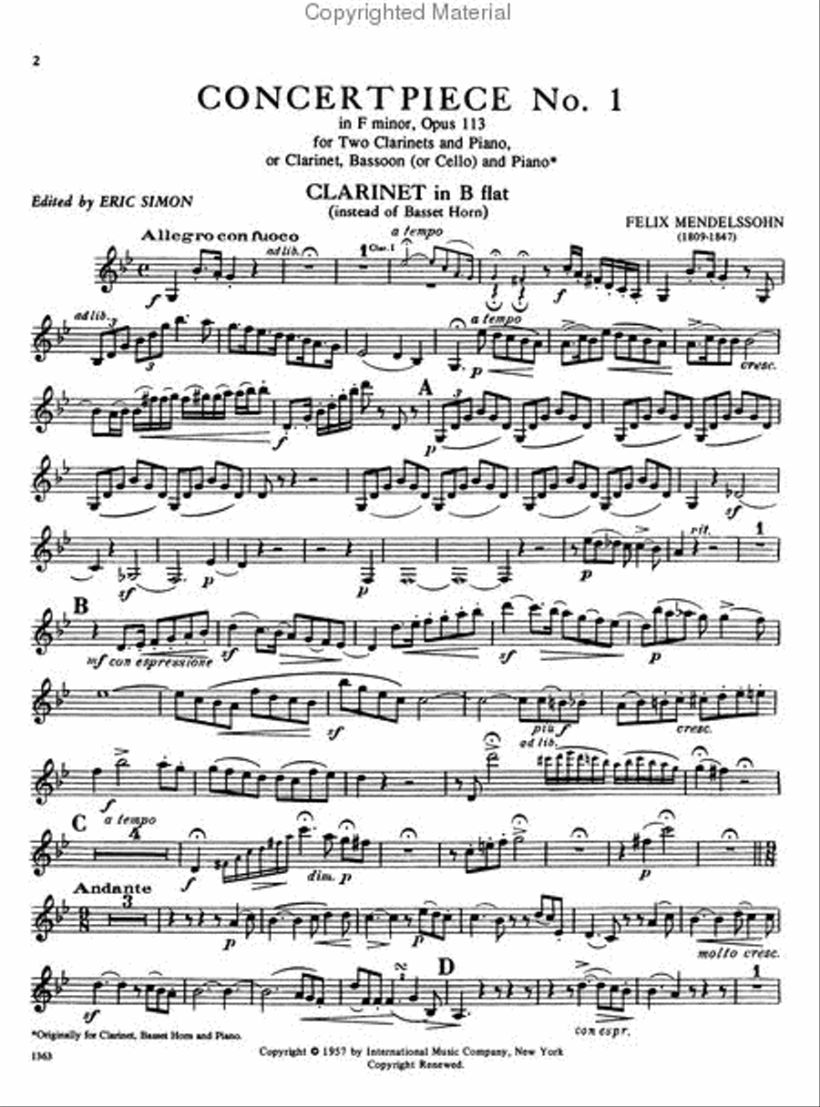 Concert Piece No. 1 in F minor, Op. 113 for Clarinet, Bassoon & Piano or 2 Clarinets & Piano