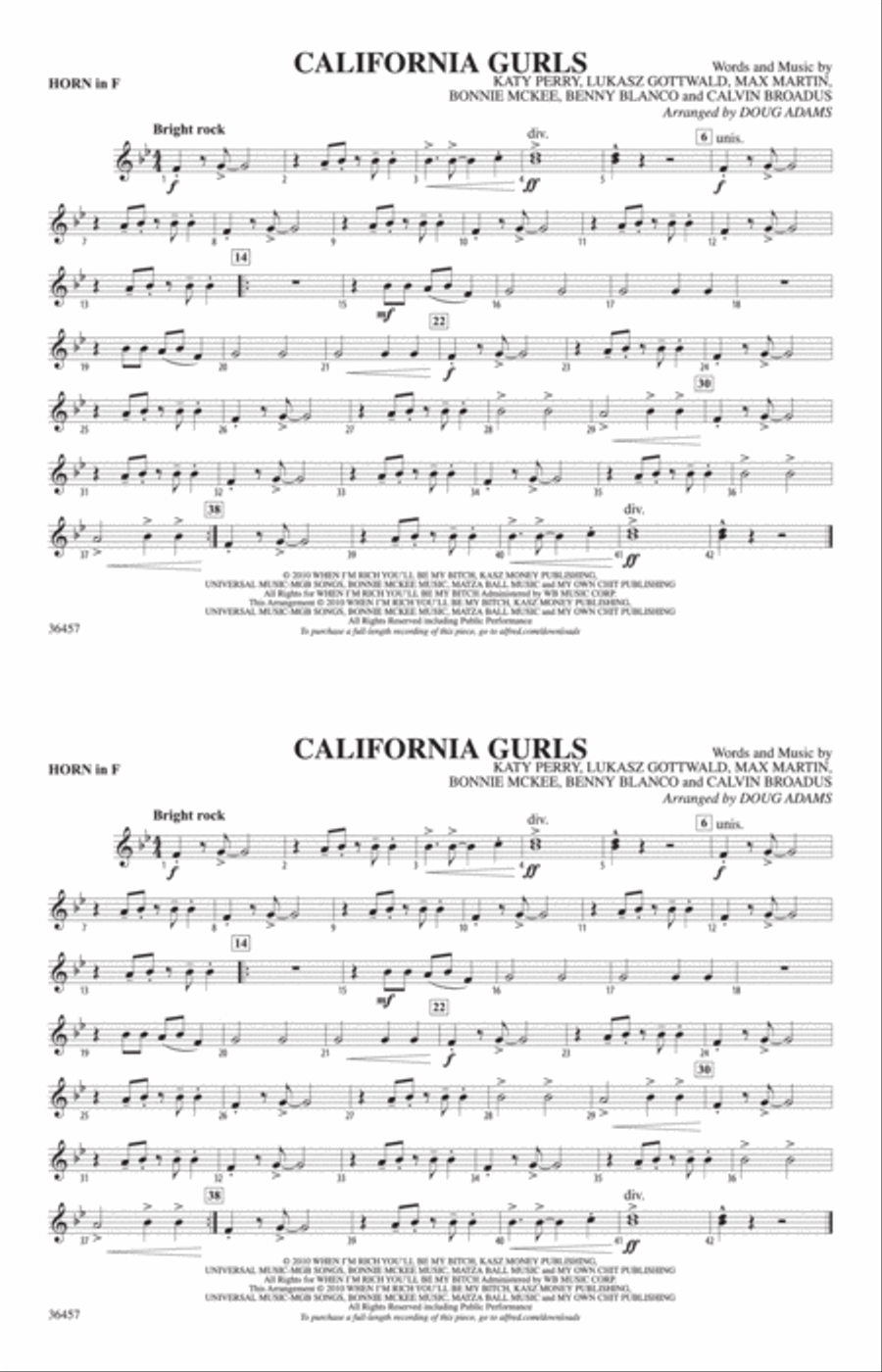 California Gurls: 1st F Horn Marching Band scores gallery preview page 1