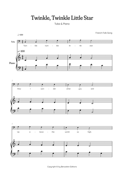 Twinkle, Twinkle Little Star • Easy tuba sheet music with easy piano accompaniment image number null