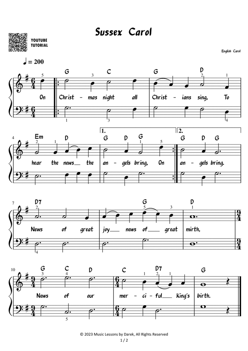 Sussex Carol - Christmas Carol [EASY PIANO] image number null