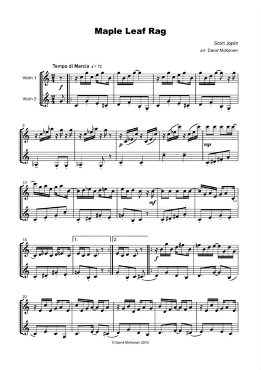 Maple Leaf Rag, by Scott Joplin, Violin Duet