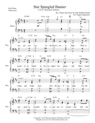Star Spangled Banner (Key of D - Solo Piano w Lyrics)