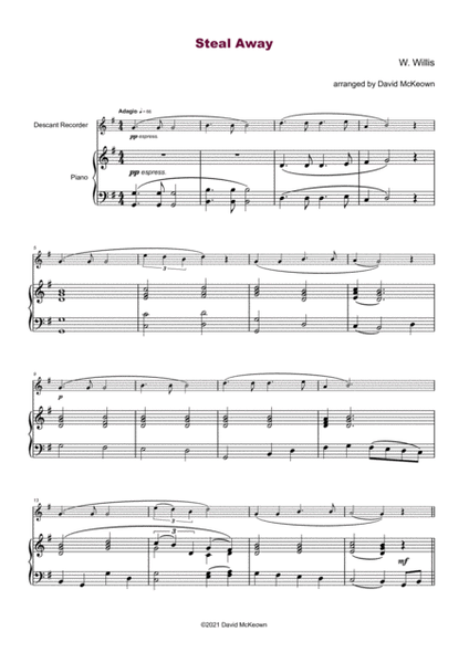 Steal Away, Gospel Song for Descant Recorder and Piano