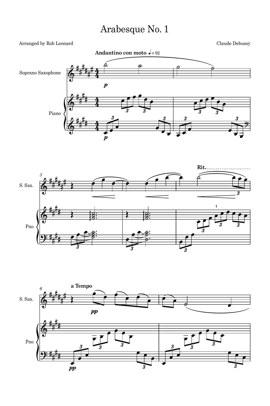 Arabesque No.1 (Simplified for Soprano/Tenor Bb Saxophone and Piano) Soprano Saxophone scores gallery preview page 1