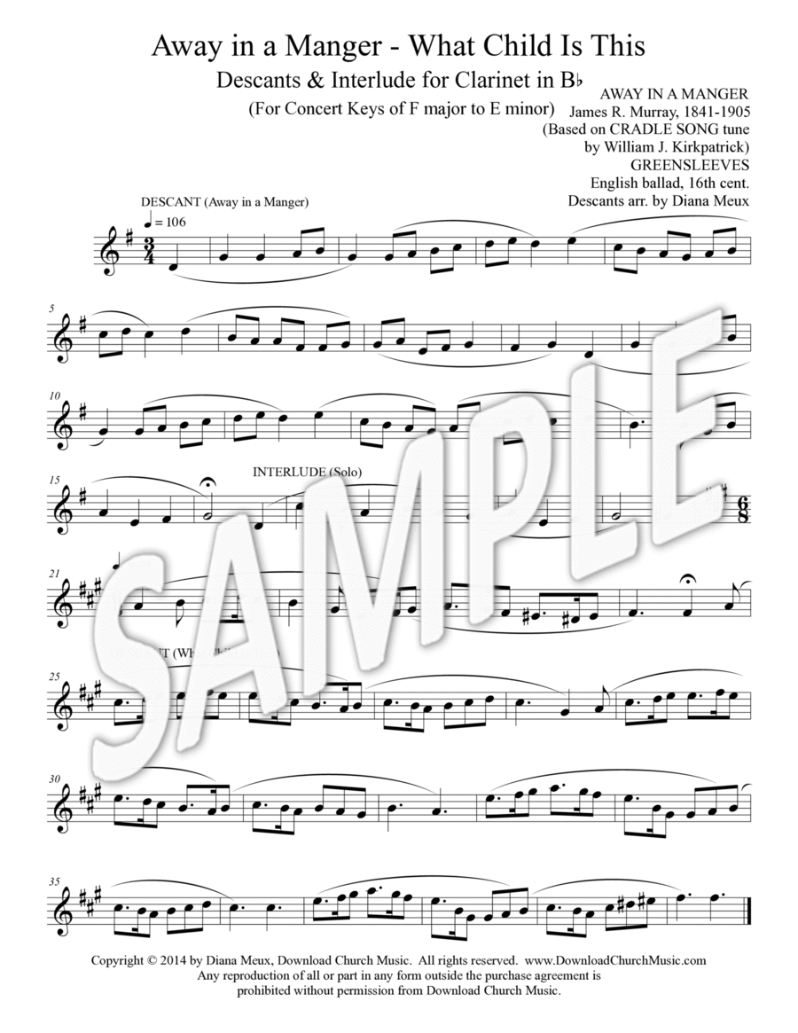 Away in a Manger and What Child Is This - Clarinet descants with interlude B-Flat Clarinet scores gallery preview page 1