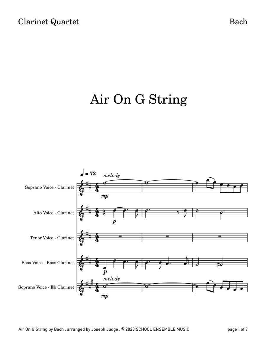 Air On G String by Bach for Clarinet Quartet in Schools Woodwind Ensemble scores gallery preview page 1