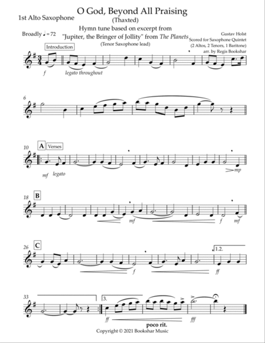 O God, Beyond All Praising (Thaxted) (Bb) (Saxophone Quintet - 2 Alto, 2 Tenor, 1 Bari) (Tenor lead) Saxophone Quintet scores gallery preview page 5