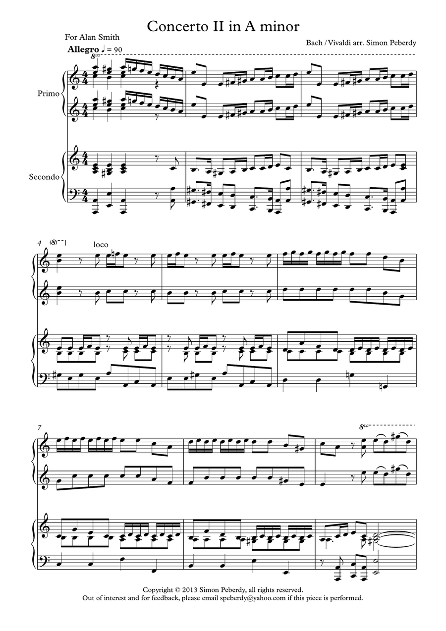 Bach Organ Concerto II in A minor (after Vivaldi 2 violin concerto) Arranged for Piano Duet (complet Violin Solo scores gallery preview page 4
