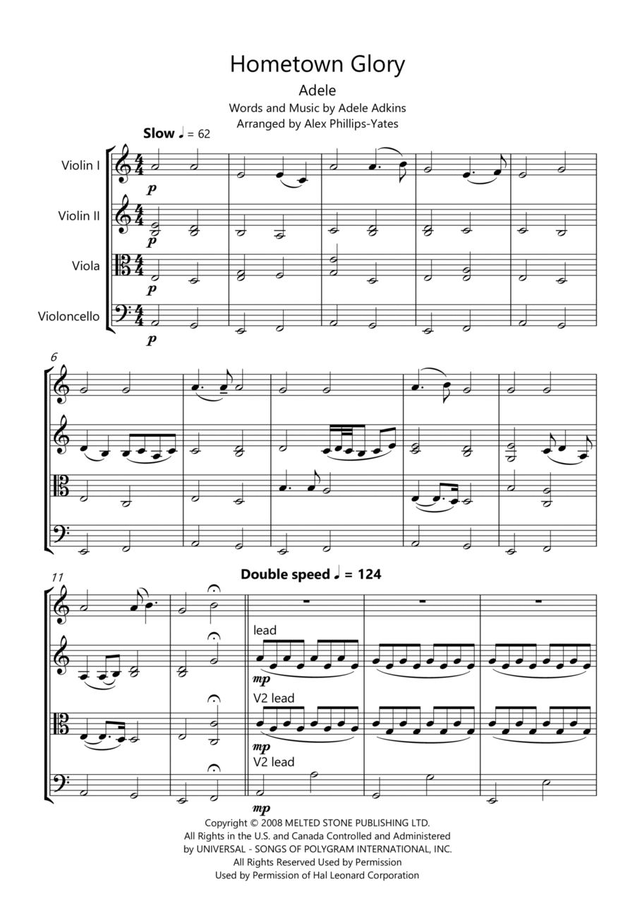 Hometown Glory String Quartet scores gallery preview page 1