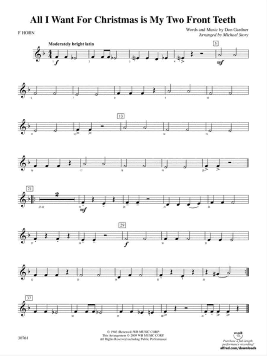 All I Want for Christmas Is My Two Front Teeth: 1st F Horn Concert Band scores gallery preview page 1