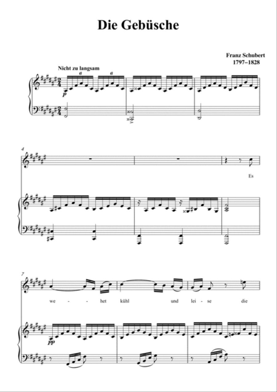 Schubert-Die Gebüsche in #F for Vocal and Piano Voice scores gallery preview page 2