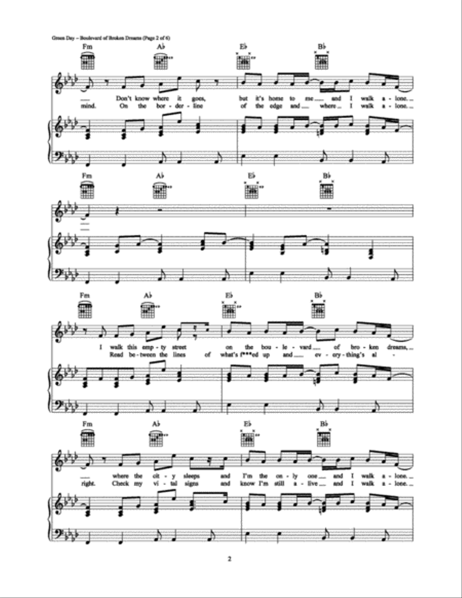 Boulevard of Broken Dreams Piano, Vocal, Guitar scores gallery preview page 2