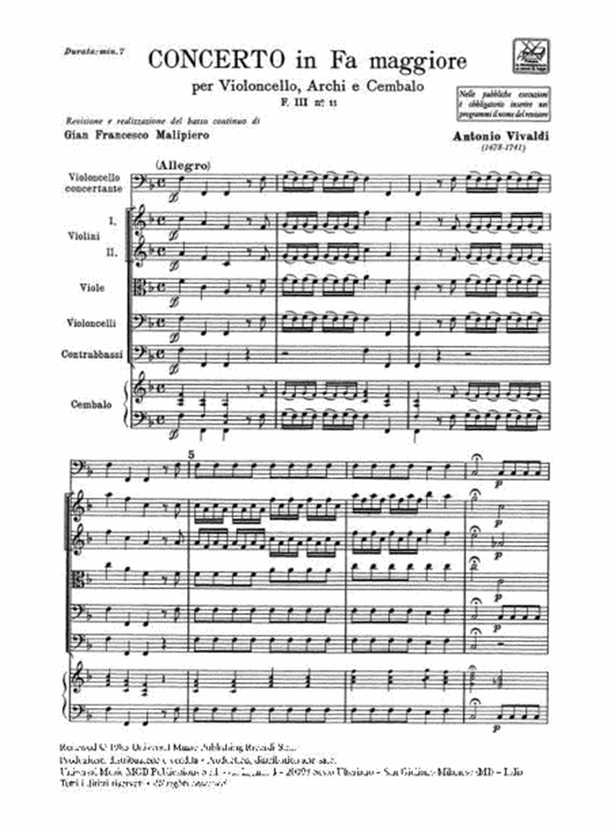 Concerto Per Violoncello, Archi e BC. In Fa Rv 412
