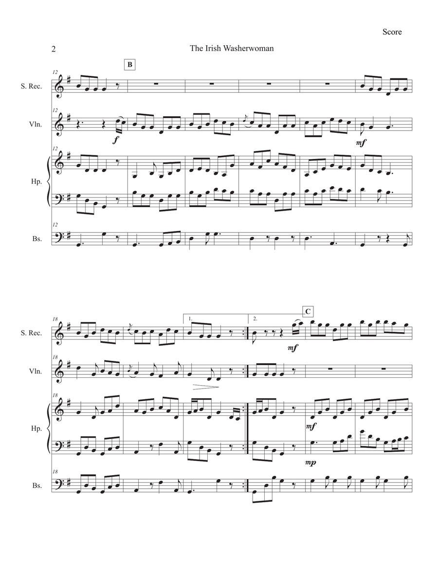 The Irish Washerwoman for Penny Whistle, Violin, Celtic harp and Bass Small Ensemble scores gallery preview page 2