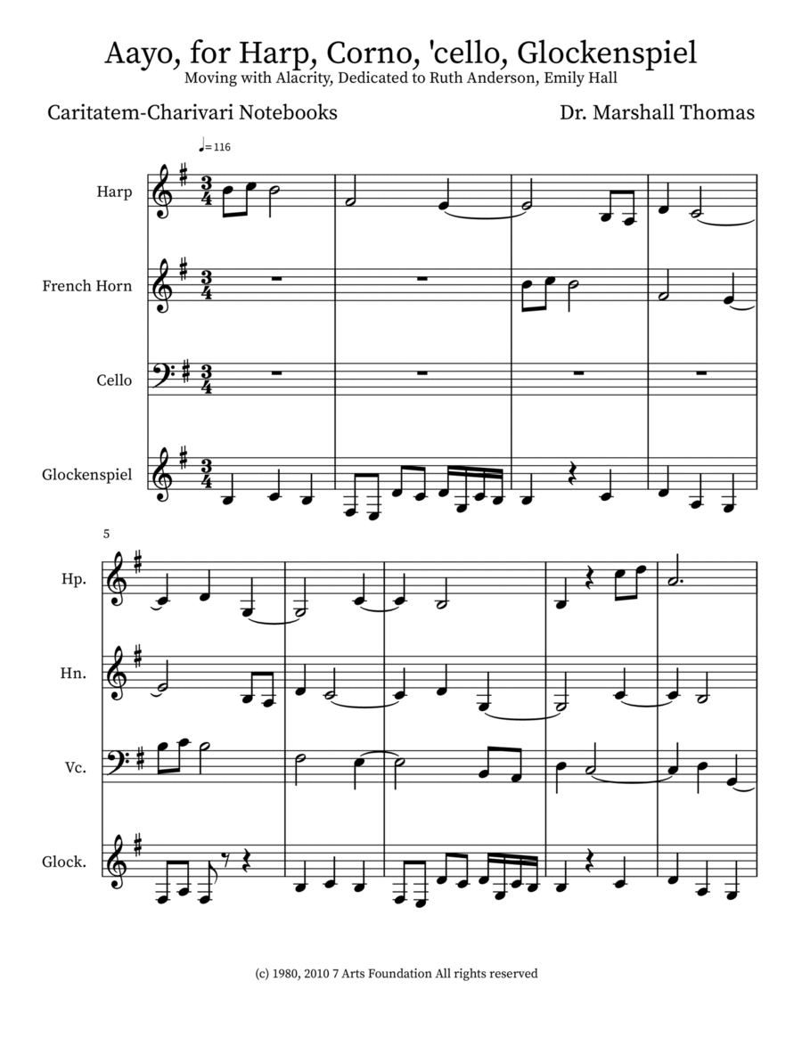 Aayo, for Harp, Corno, 'cello, Glockenspiel Horn scores gallery preview page 1
