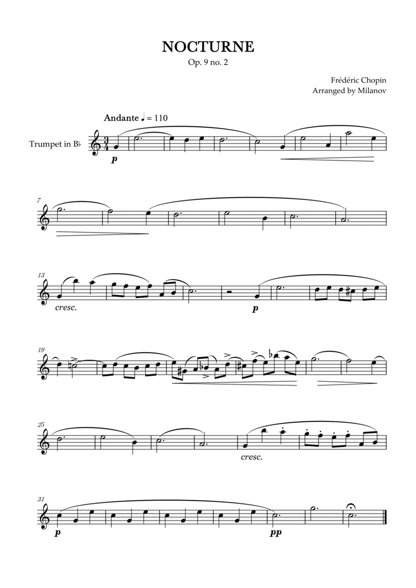 Chopin Nocturne op. 9 no. 2 | Trumpet in Bb | B-flat Major | Easy beginner image number null