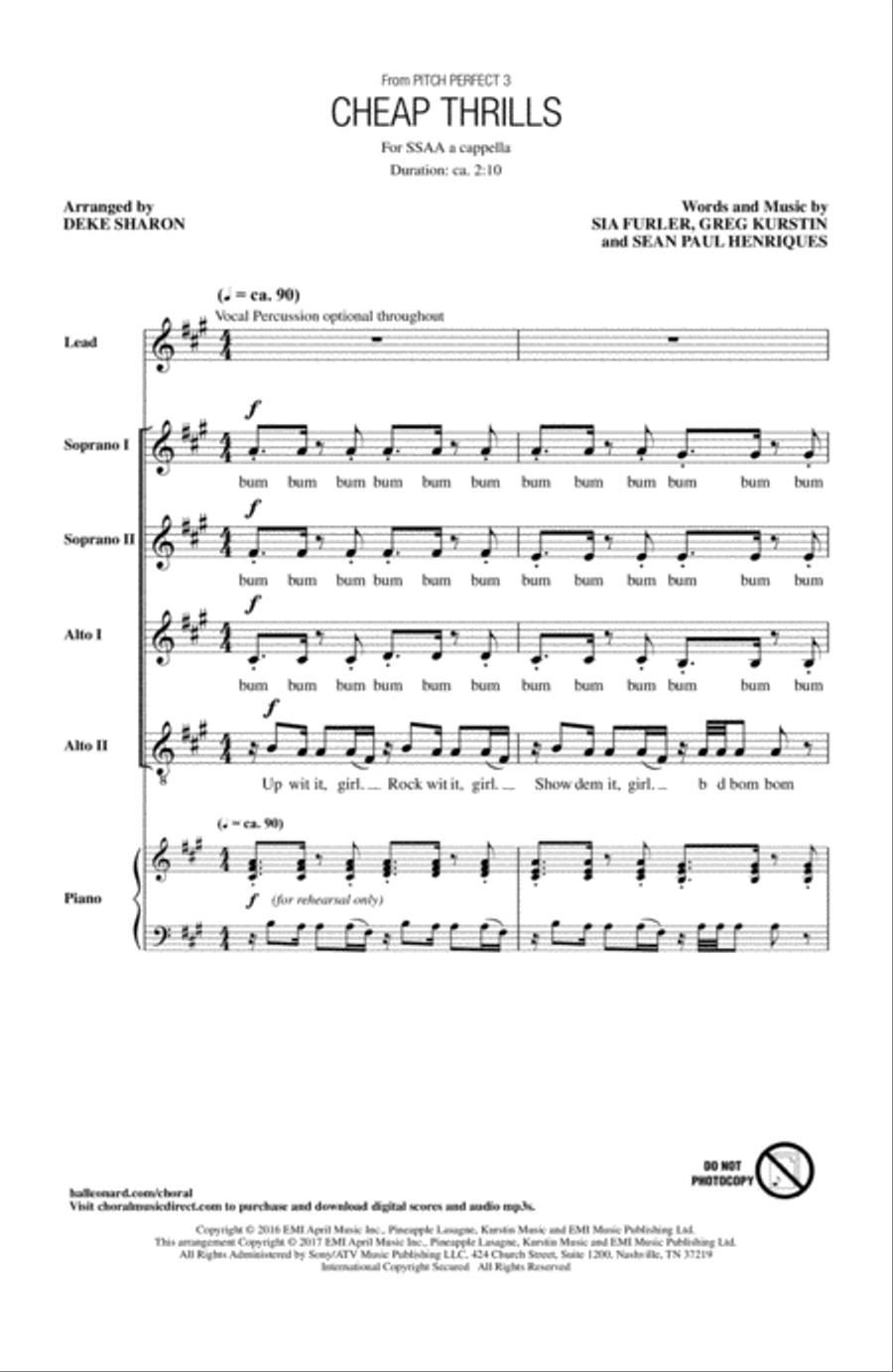 Cheap Thrills (from Pitch Perfect 3) (arr. Deke Sharon) SSAA scores gallery preview page 1