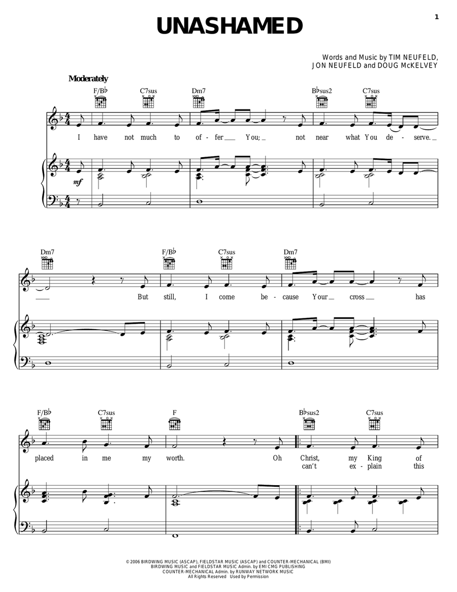 Unashamed Piano, Vocal, Guitar scores gallery preview page 1