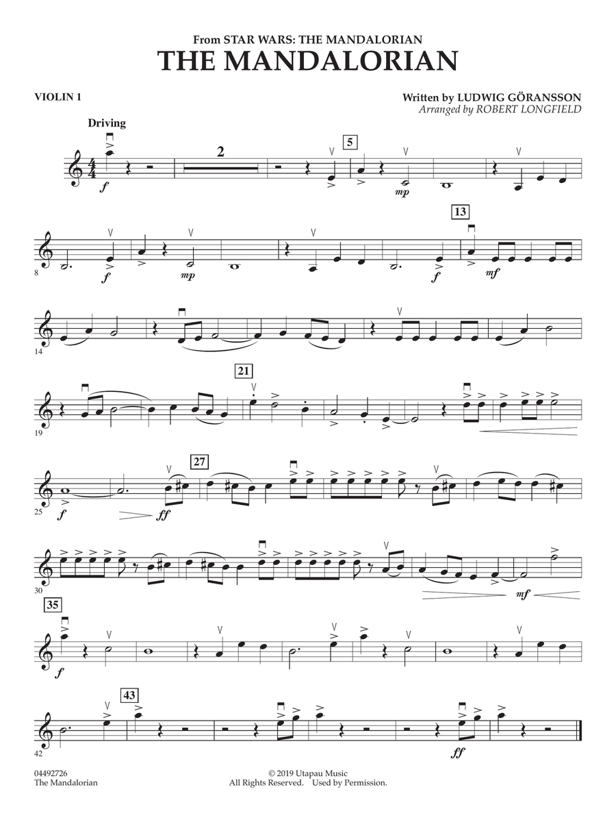 The Mandalorian (from Star Wars: The Mandalorian) (arr. Longfield) - Violin 1 Orchestra scores gallery preview page 1