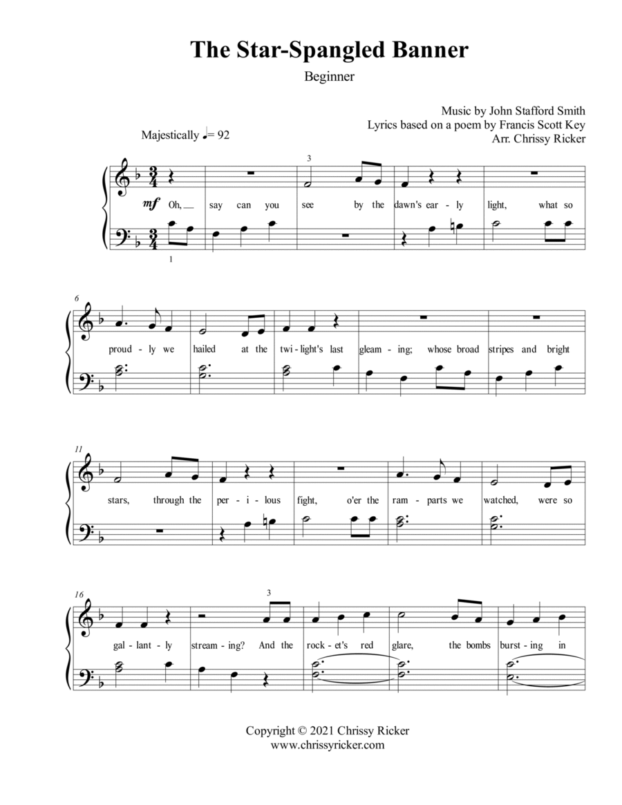 The Star-Spangled Banner - beginner piano (with lyrics) Easy Piano scores gallery preview page 1