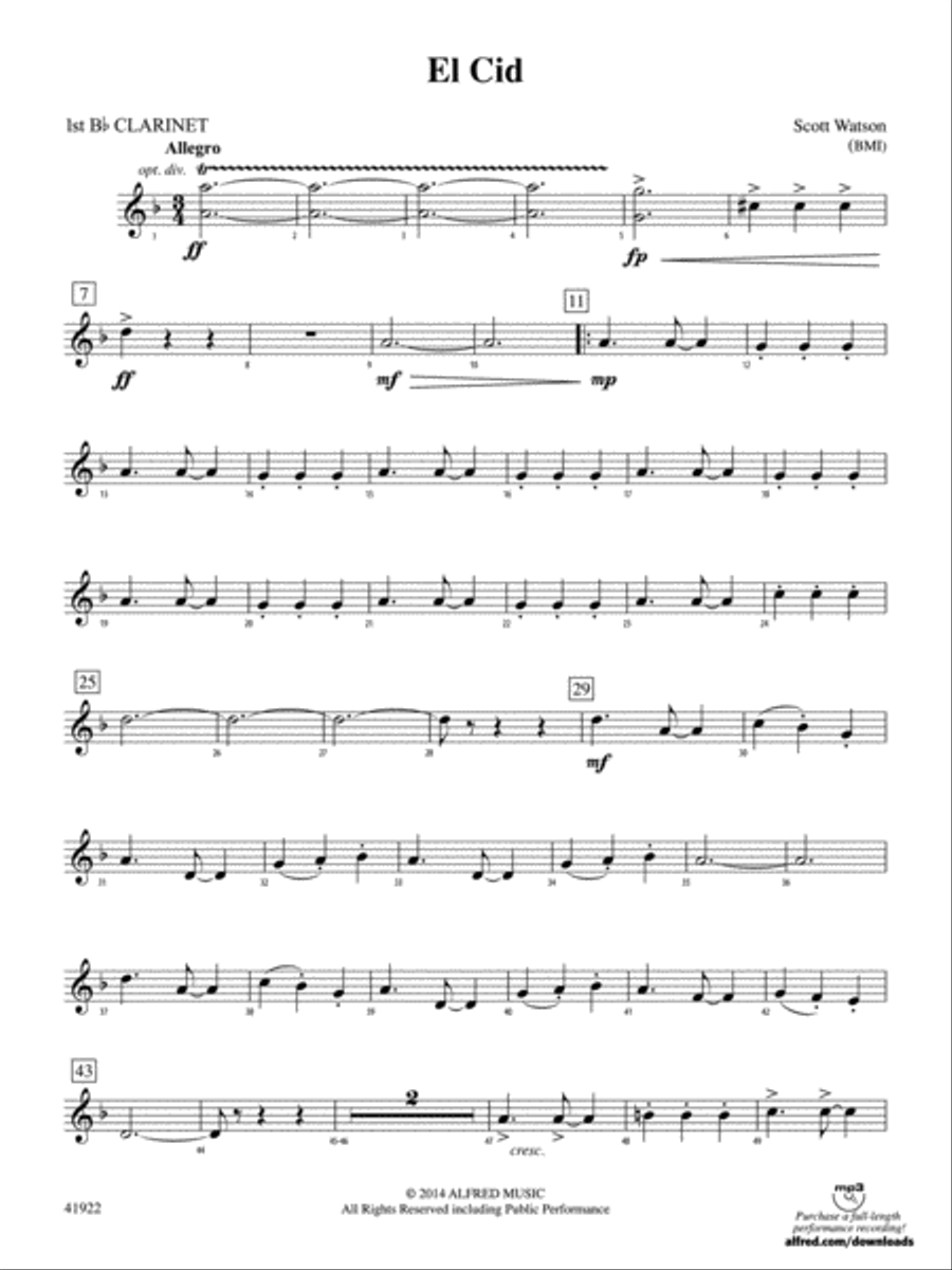 El Cid: 1st B-flat Clarinet Concert Band scores gallery preview page 1
