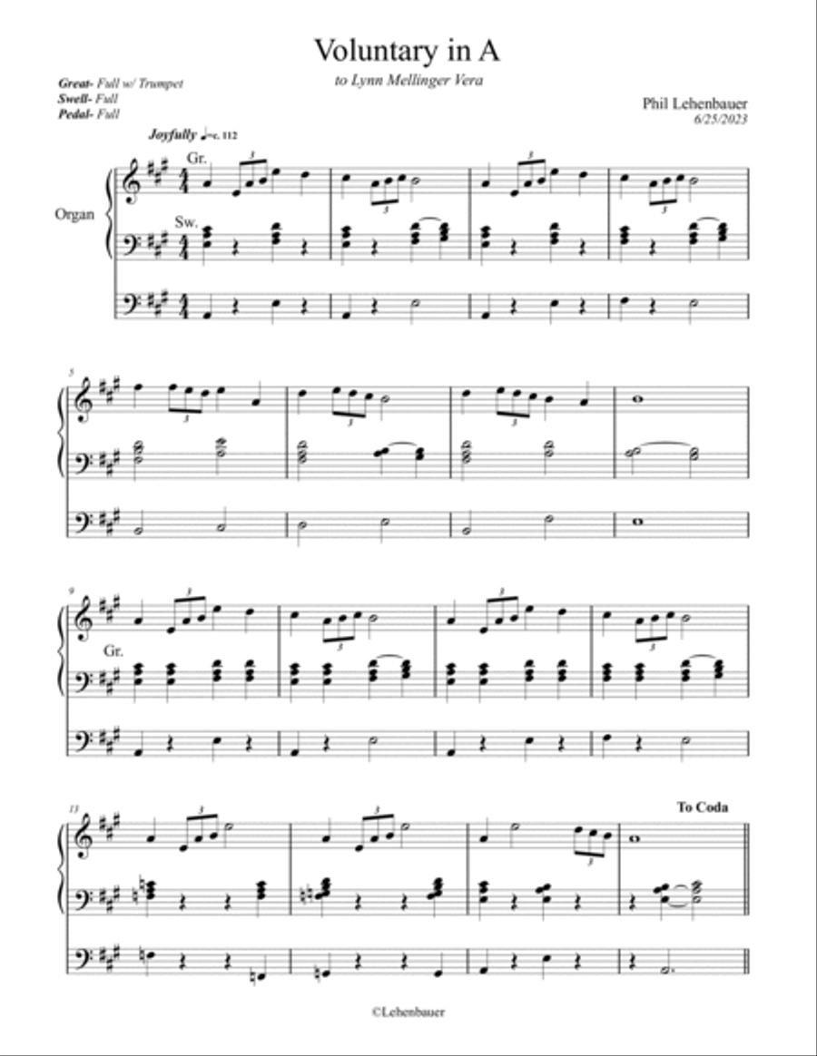 Voluntary in A, organ work by Phil Lehenbauer Organ Solo scores gallery preview page 2