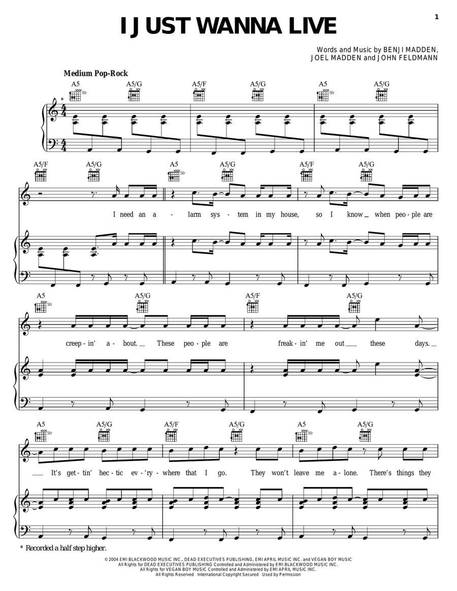 I Just Wanna Live I Just Wanna Live Piano, Vocal, Guitar scores gallery preview page 1