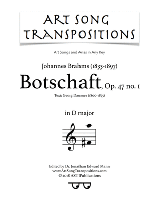 Book cover for BRAHMS: Botschaft, Op. 47 no. 1 (transposed to D major)