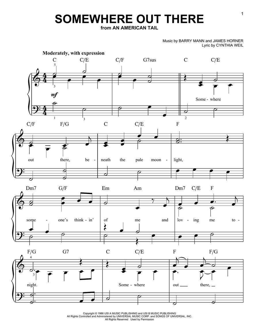 Somewhere Out There Easy Piano scores gallery preview page 1